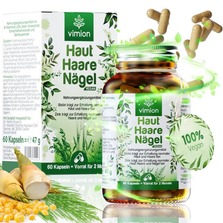 Vimion Haut-Haare-Nägel-Kapseln. Das Produktbild zeigt die Packungsgröße mit 60 Kapseln, die einen Vorrat für 2 Monate liefert.