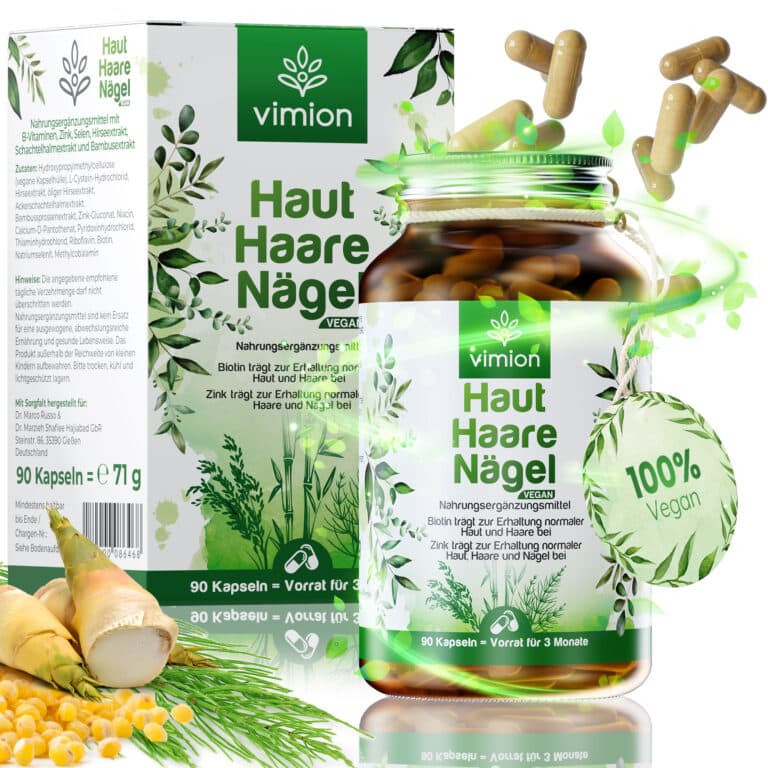 Vimion Haut-Haare-Nägel-Kapseln. Das Produktbild zeigt die Packungsgröße mit 90 Kapseln, die einen Vorrat für 3 Monate liefert.