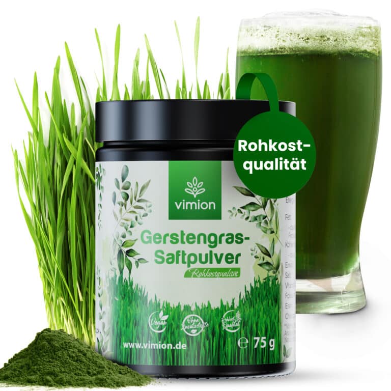 Vimion Gerstengrassaft-Pulver. Das Produktbild zeigt die Packungsgröße mit 75 Gramm. Aus dem chlorophyllreichen Pulver lässt sich ein mineralstoffreiches grünes Getränk herstellen.