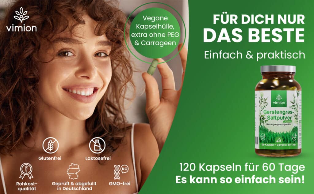 Vimion Gerstengrassaftpulver Kapseln sind einfach und praktisch einzunehmen. Die vegane Kapselhülle ist extra ohne PEG und Carrageen hergestellt.